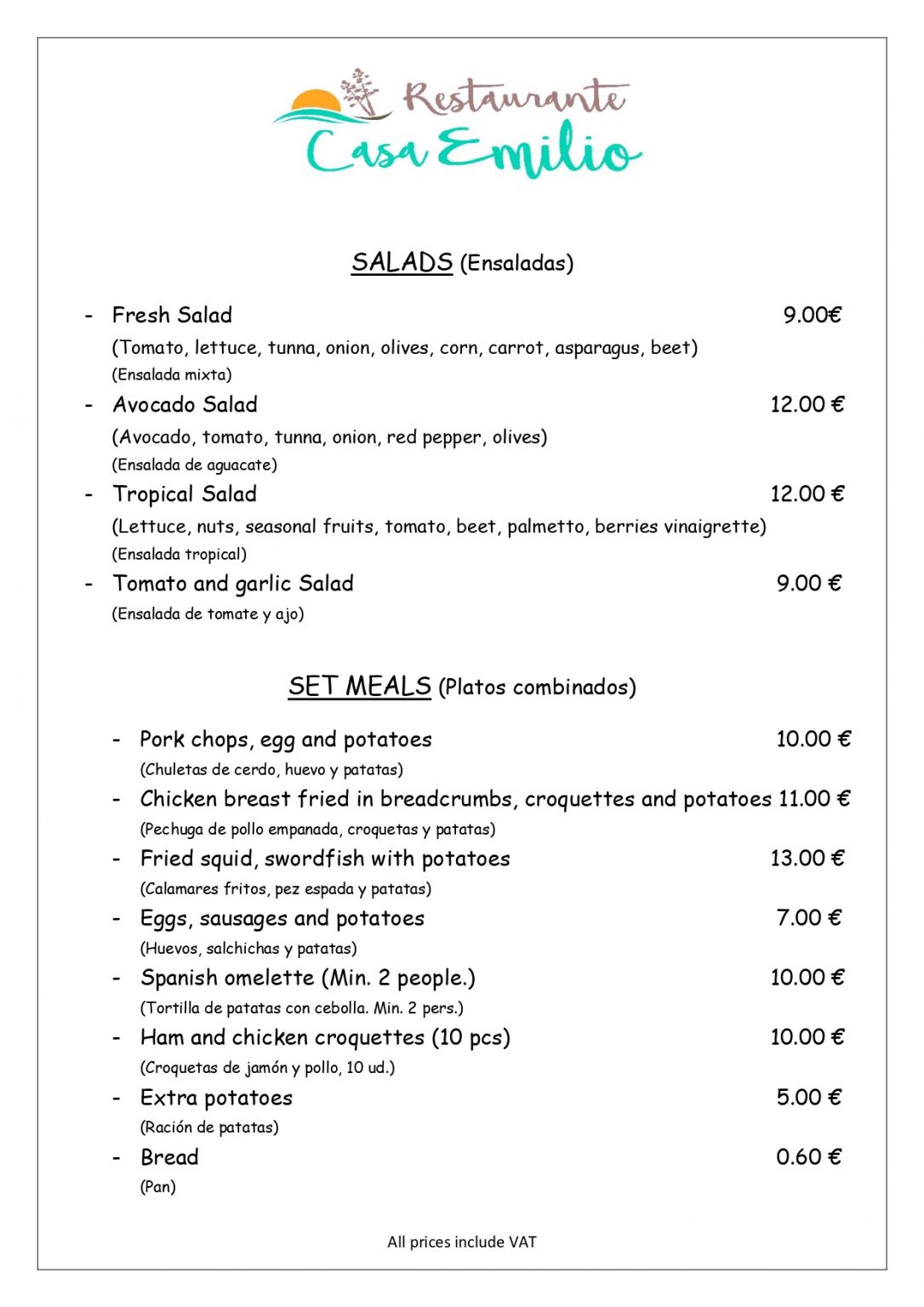 Menu in English Hostal Rest. Casa Emilio